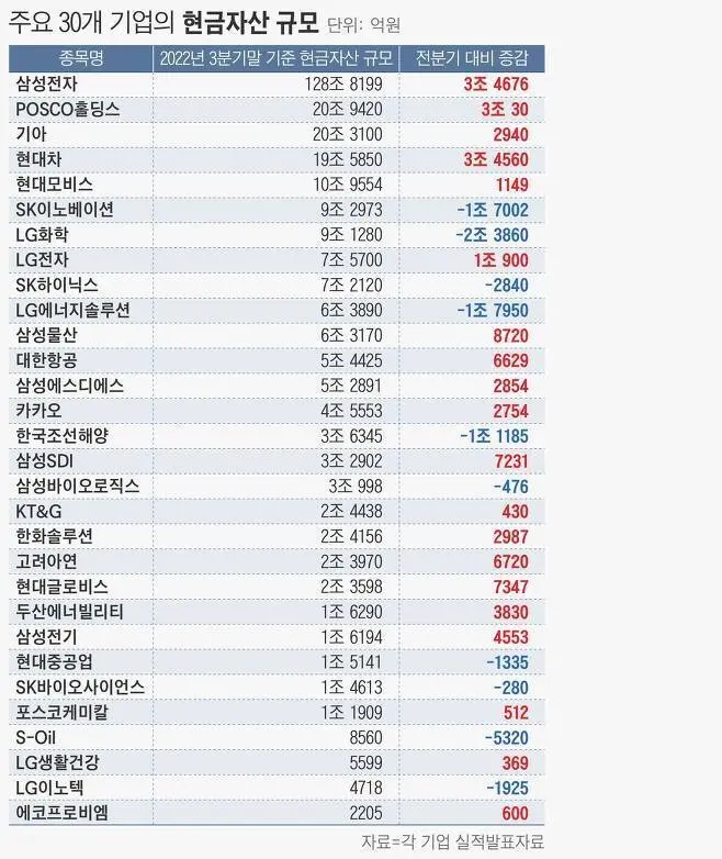 국내 주요 30대기업 현금성 자산 순위 