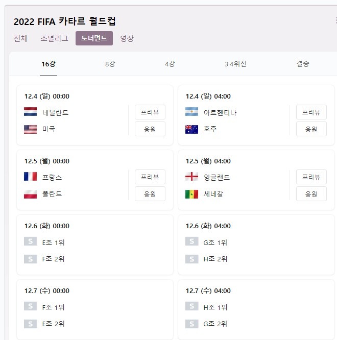 16강 진출 확정국 및 남은 조별일정