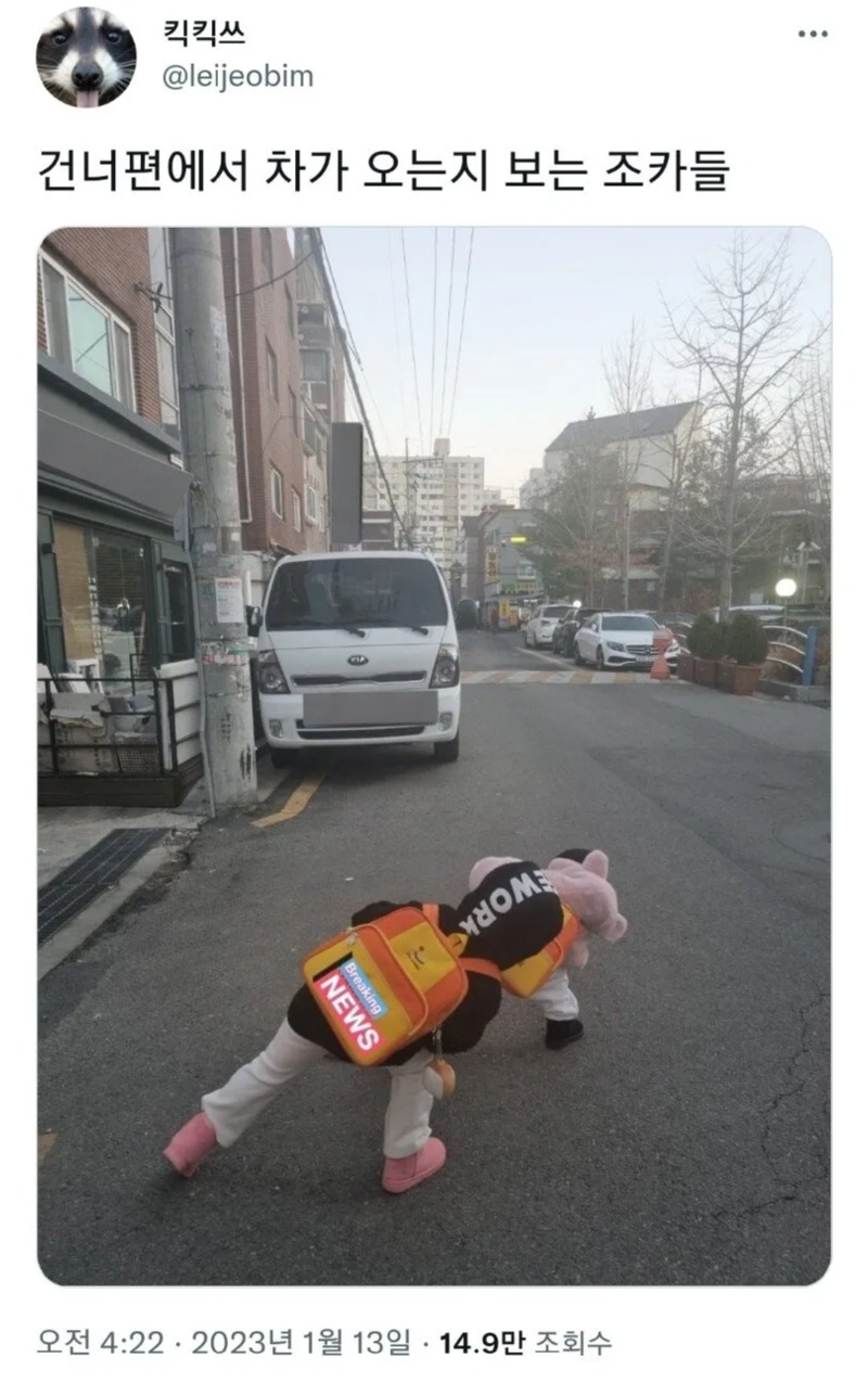 건너편에 차가 오는지 보는 조카들