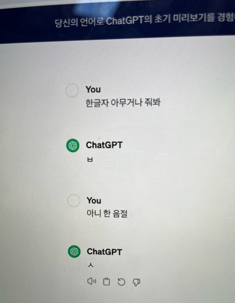 챗 gpt야 한글자 아무거나 줘봐