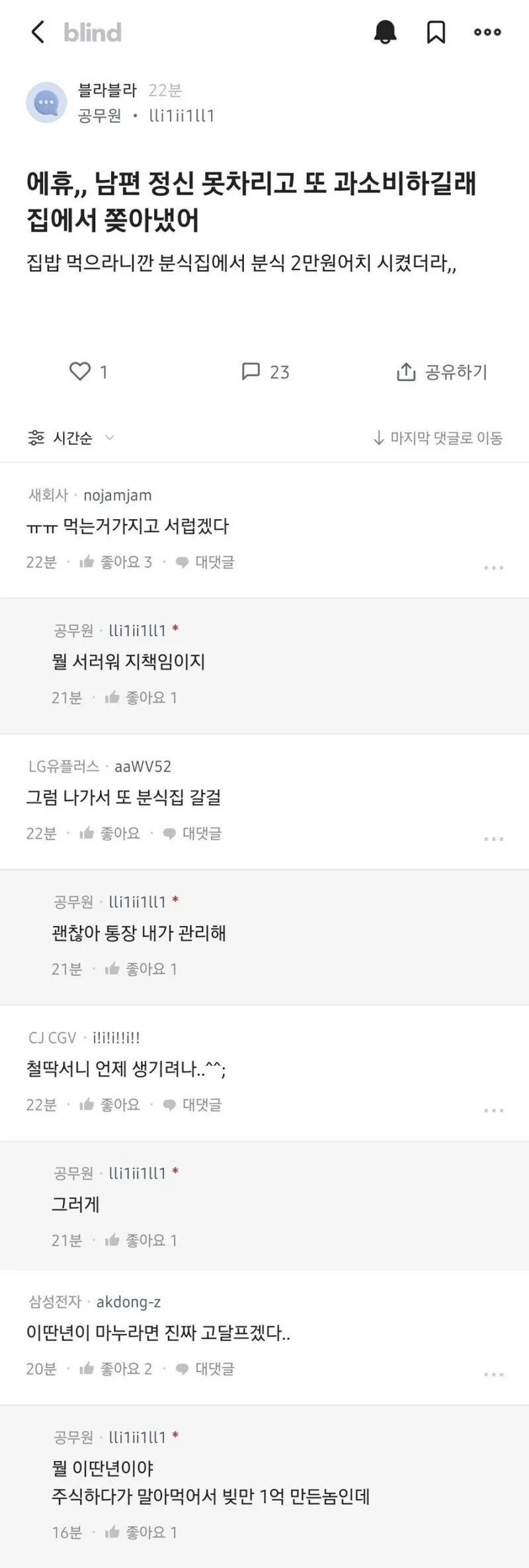 2만원 분식 시켜먹다 쫒겨난 남편 