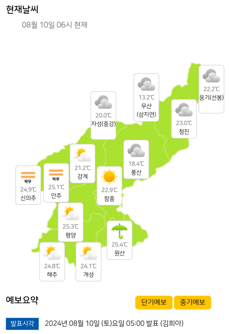 북한의 오늘 날씨 근황 