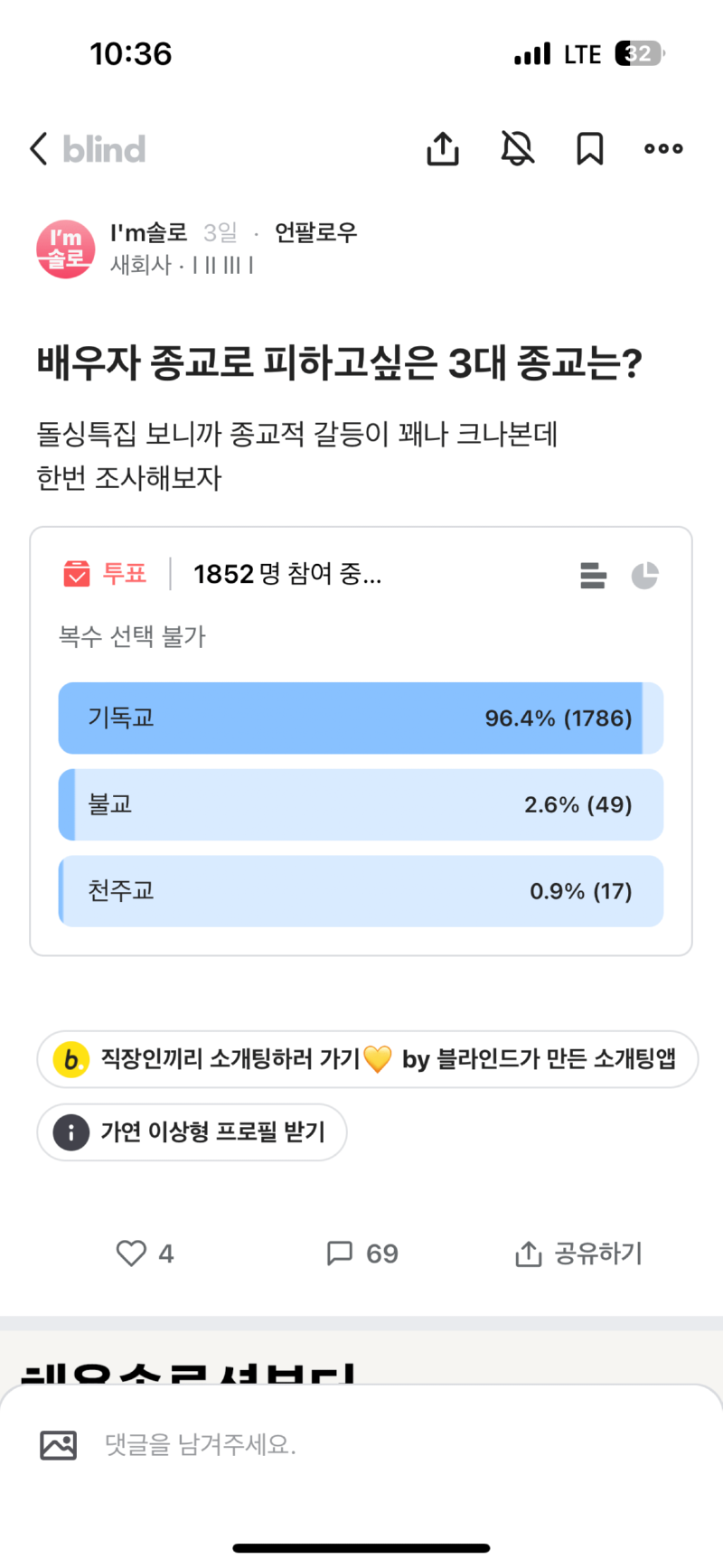 배우자로 피하고 싶은 종교는?