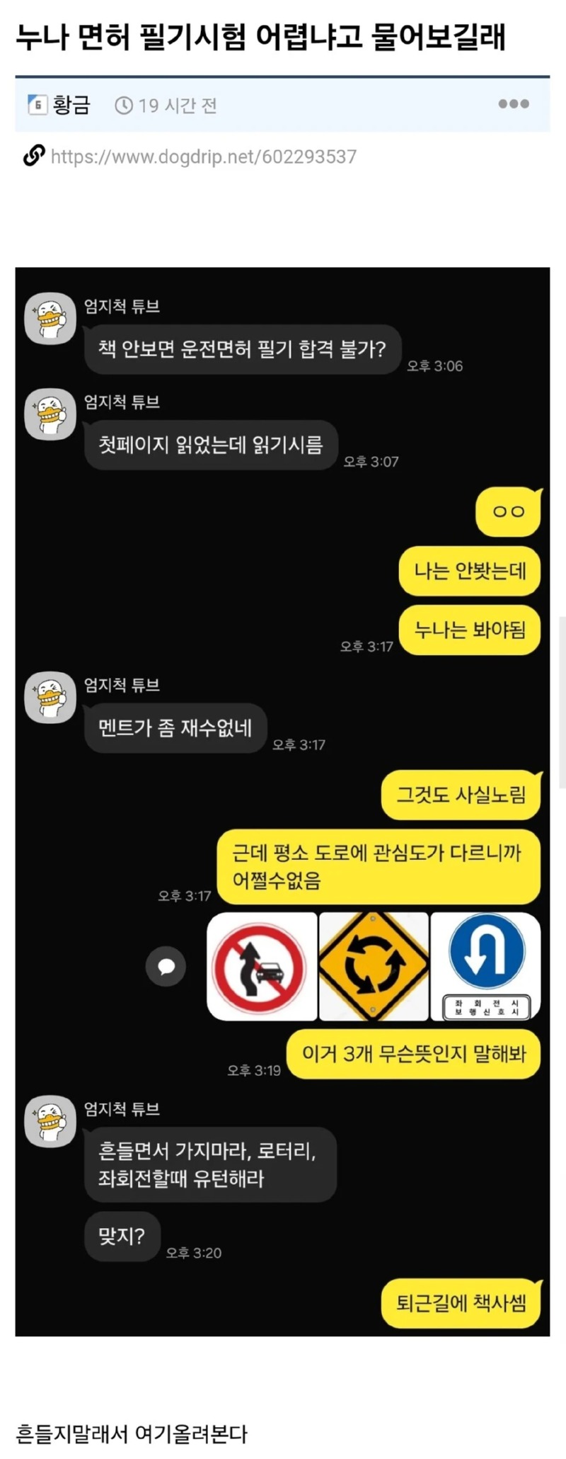 운전면허 필기시험 어렵냐고 물어보길래