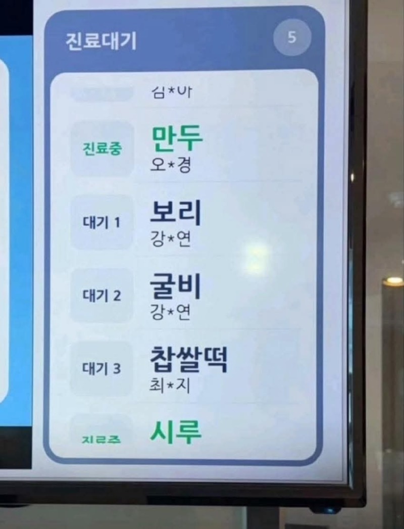 동물병원 진료대기중인 동물이름ㅋㅋㅋ