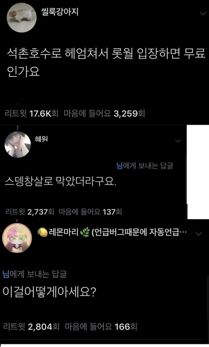 석촌호수 헤엄쳐서 롯데월드 입장하면 무료인가요??