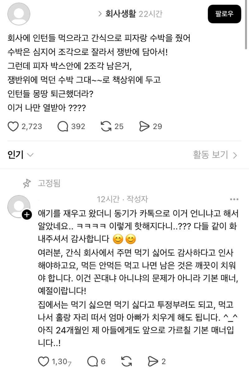 회사에서 준 간식을 먹고 안 치운 인턴들